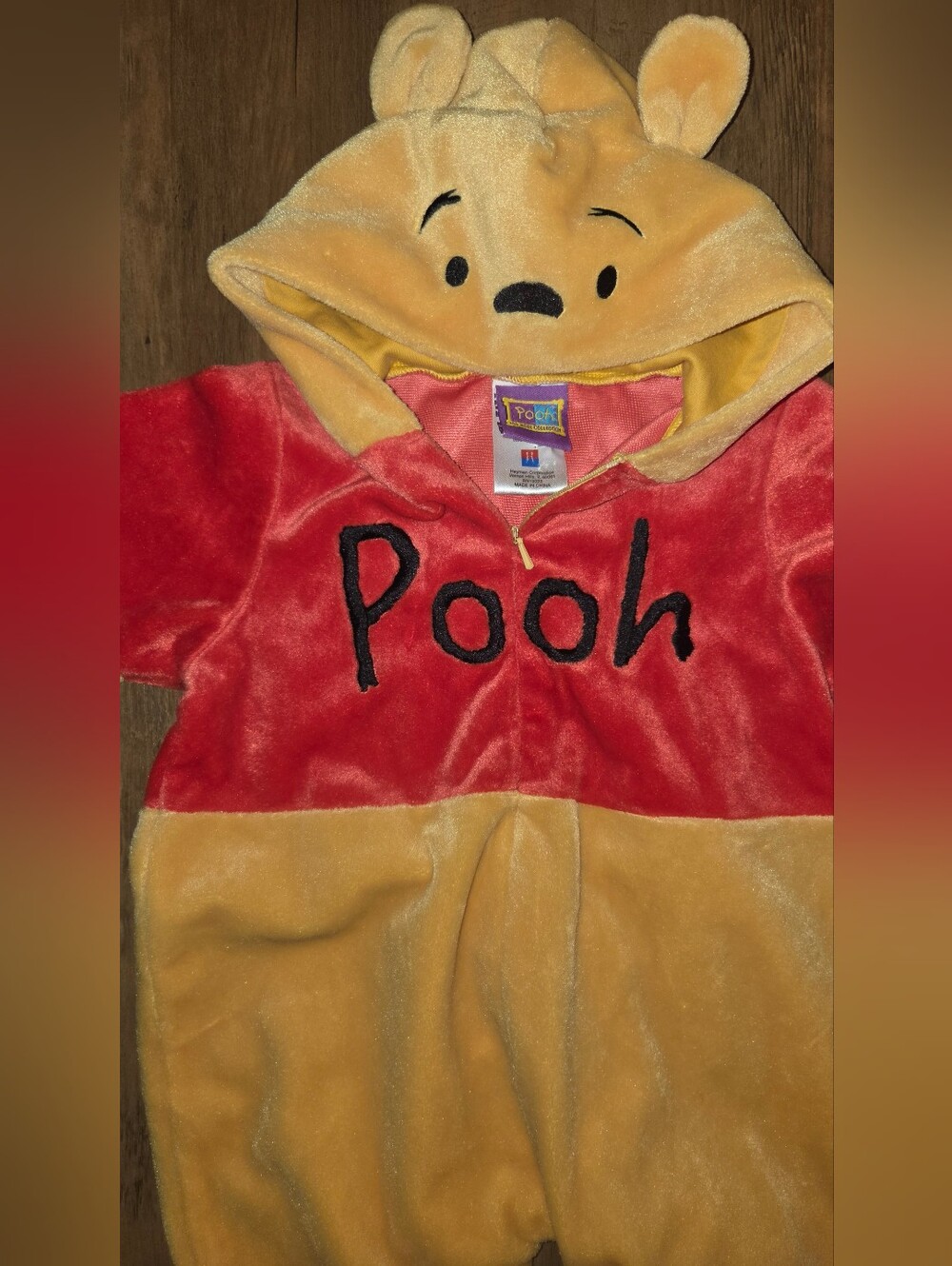 Vintage Disney Pooh Red and Yellow Plush Hooded Kids One-Piece 6-9 Months, 21lbs